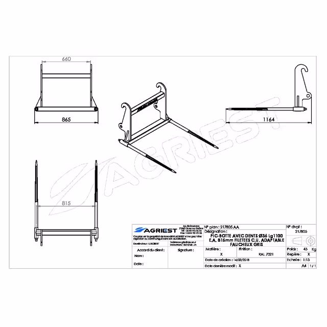 Pic'bal faucheux gris avec 2 dents 36x1100 cc
