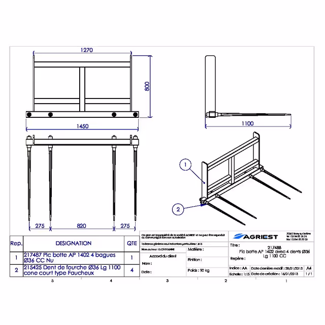 Pic botte ap 1402 avec 4 dents ø42 lg 1100 cl