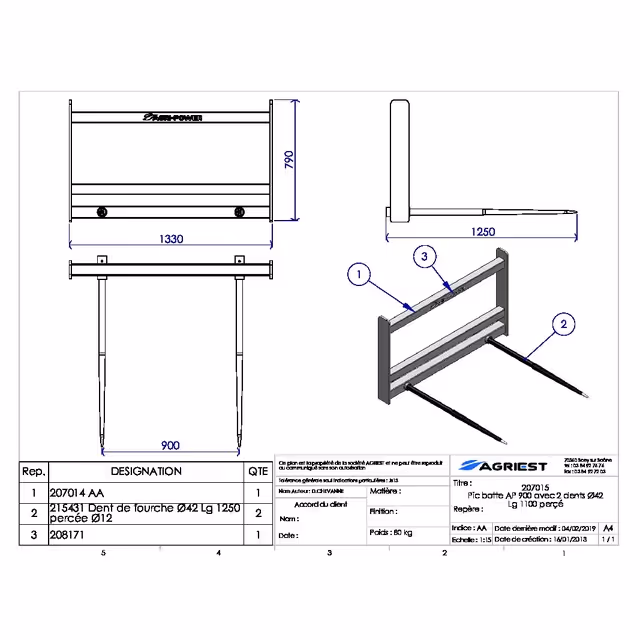 Pic botte ap 900 avec 2 dents ø42 lg 1200 perce