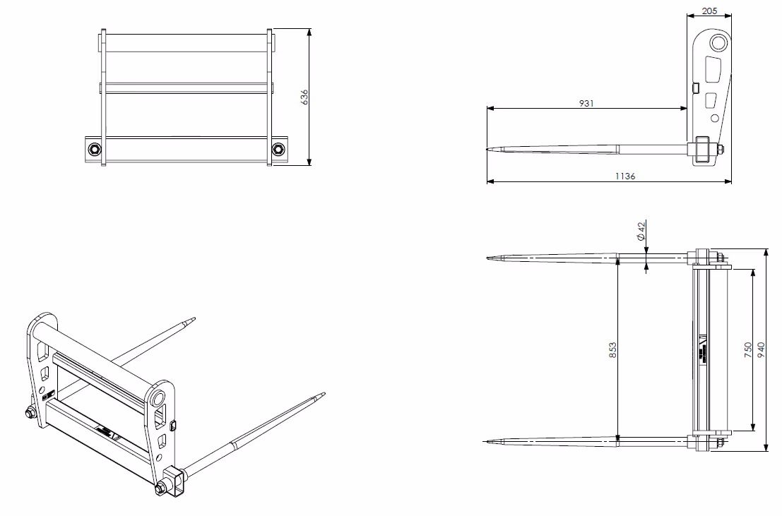 Pic botte avec 2 dents 1100x42 attache Manitou 