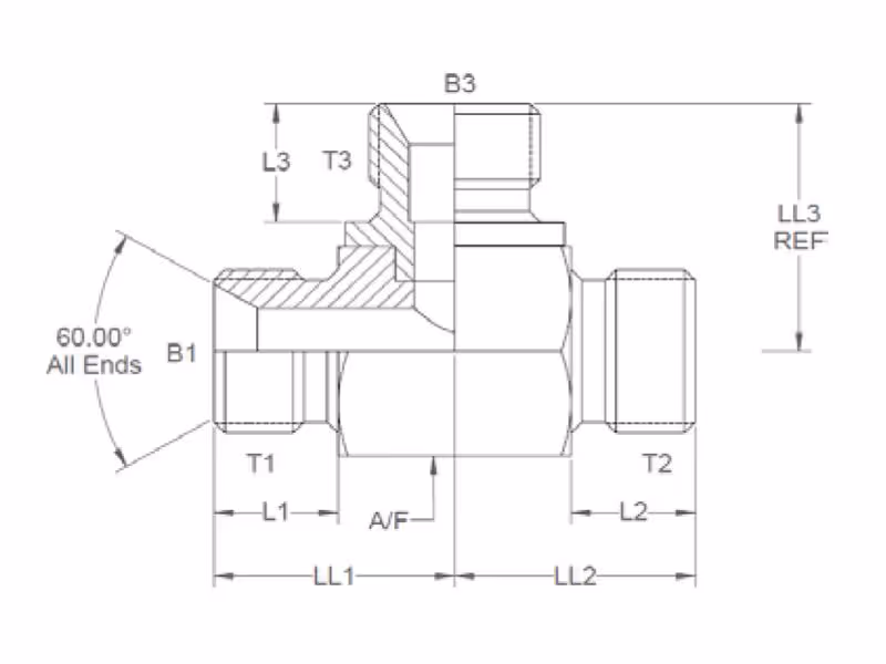 Pièce en T hydraulique 1/2'' BSP mâle x 1/2'' BSP mâle x 3/8'' BSP mâle