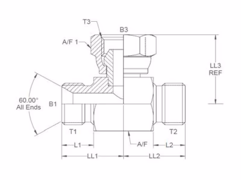 Pièce en T hydraulique 3/8'' BSP mâle x 3/8'' BSP mâle x 3/8'' BSP Femelle pivotante