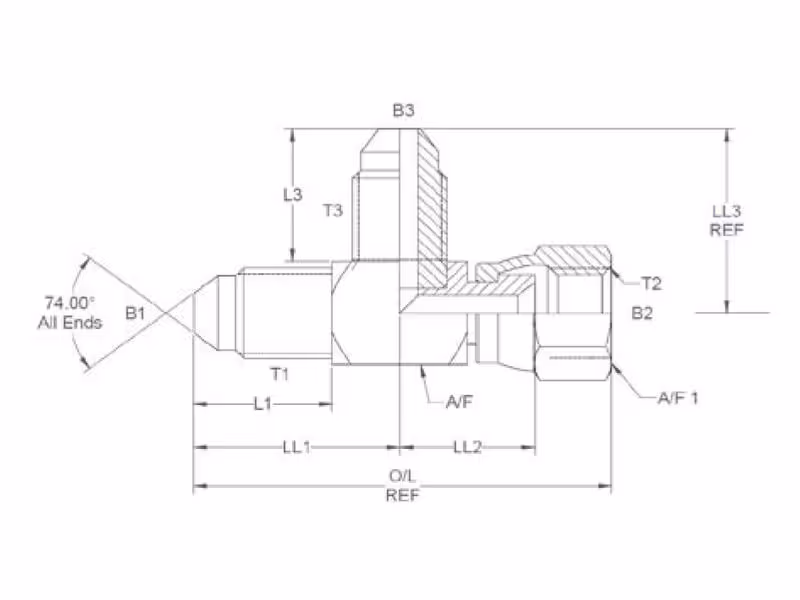 Pièce en T hydraulique 7/8'' JIC mâle x 7/8'' JIC Femelle pivotante x 7/8'' JIC mâle - ref 10R6MXS
