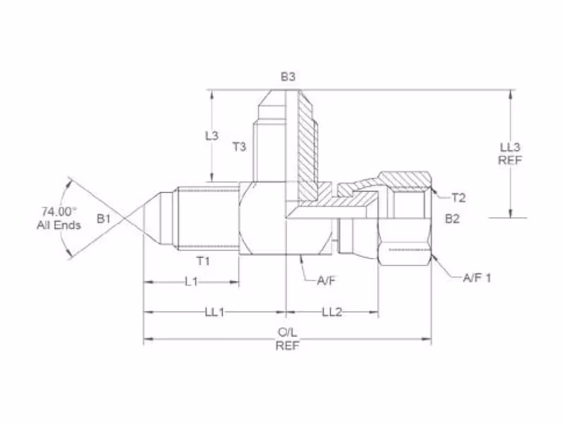 Pièce en T hydraulique 9/16'' JIC mâle x 9/16'' JIC Femelle pivotante x 9/16'' JIC mâle - ref 6R6MXS