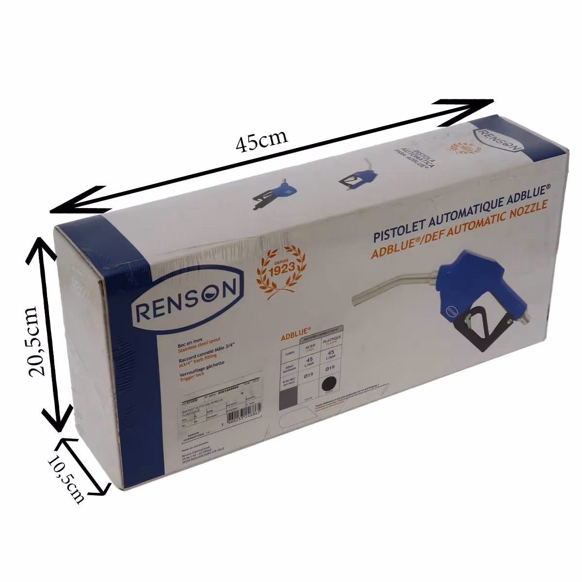 Pistolet auto adblue 45l/m corps plast cannele inox ø19mm