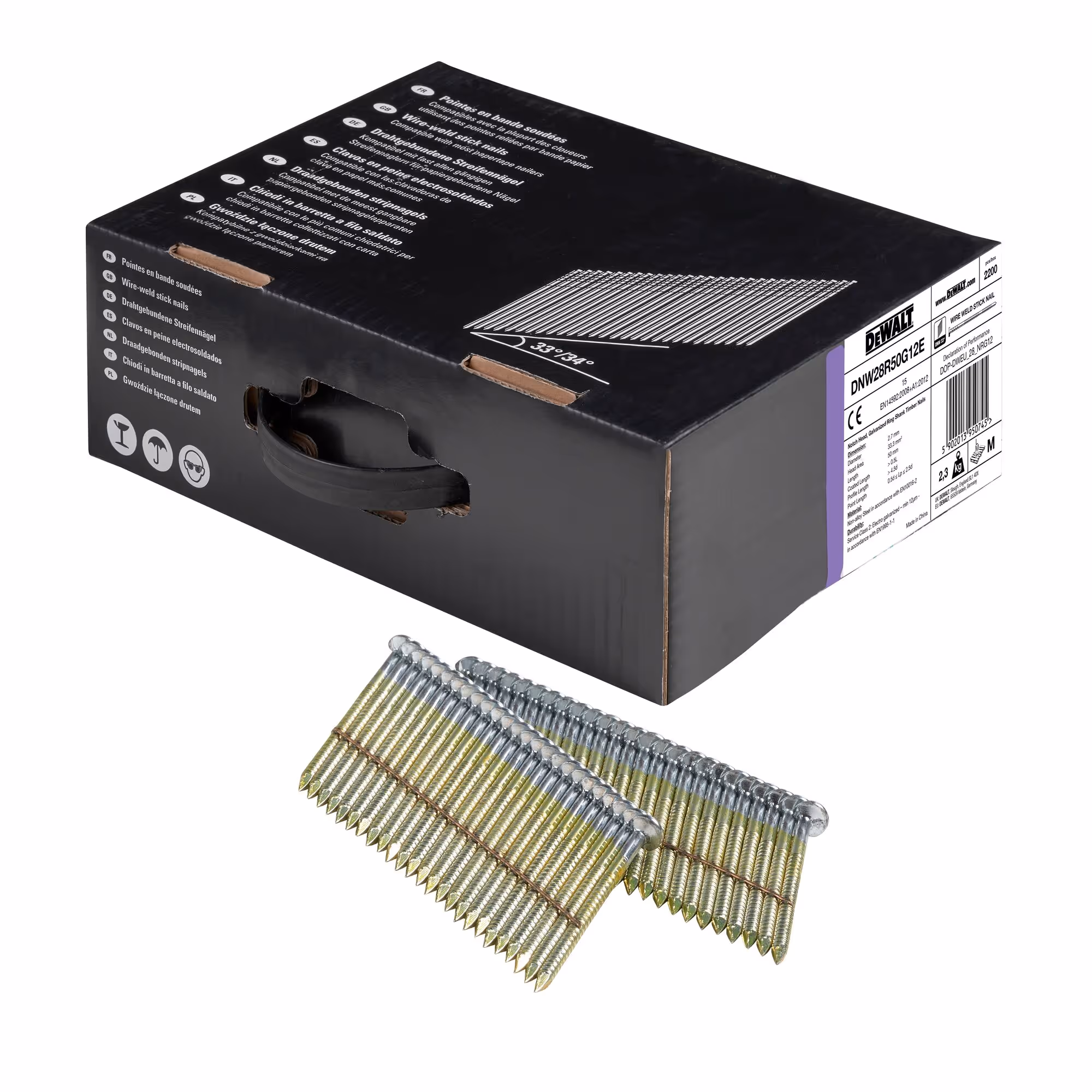 Pointes en bande métal 34° crantées électro-zinguées 2,8 x 50 mm
