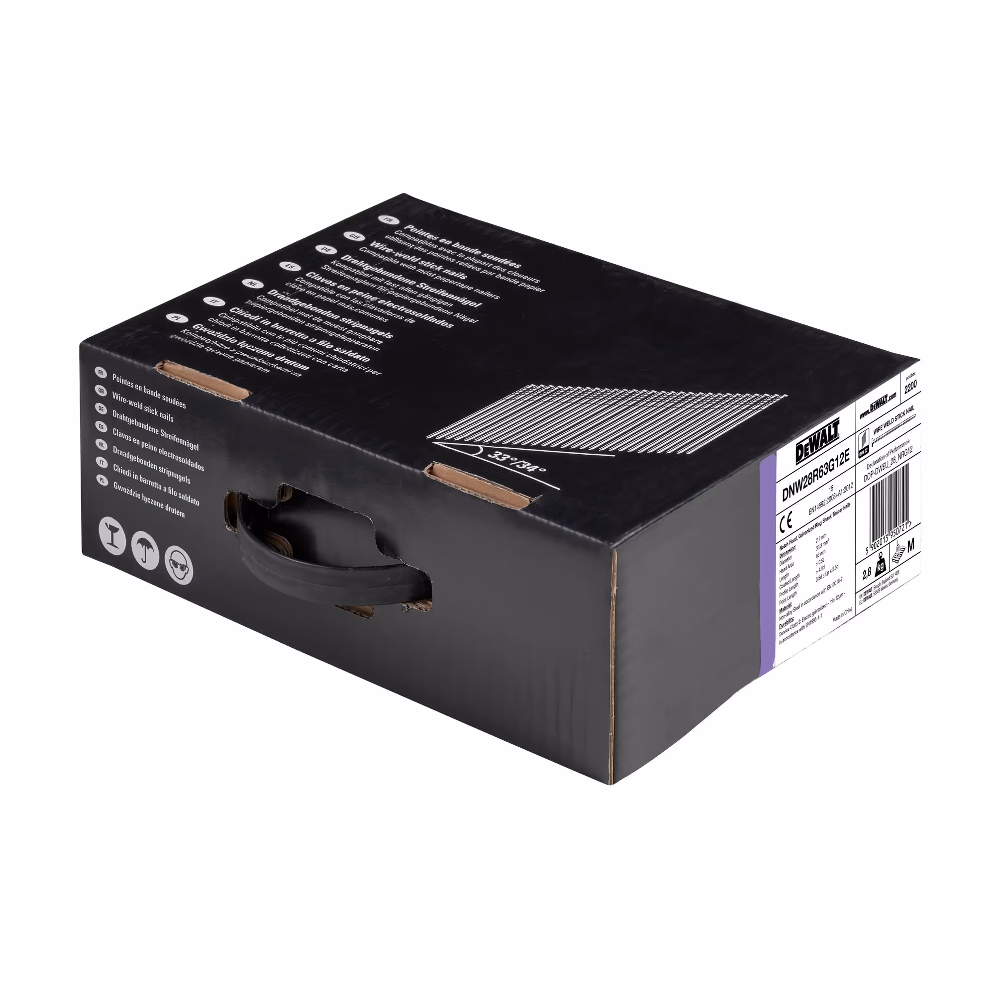 Pointes en bande métal 34° crantées électro-zinguées 2,8 x 63 mm