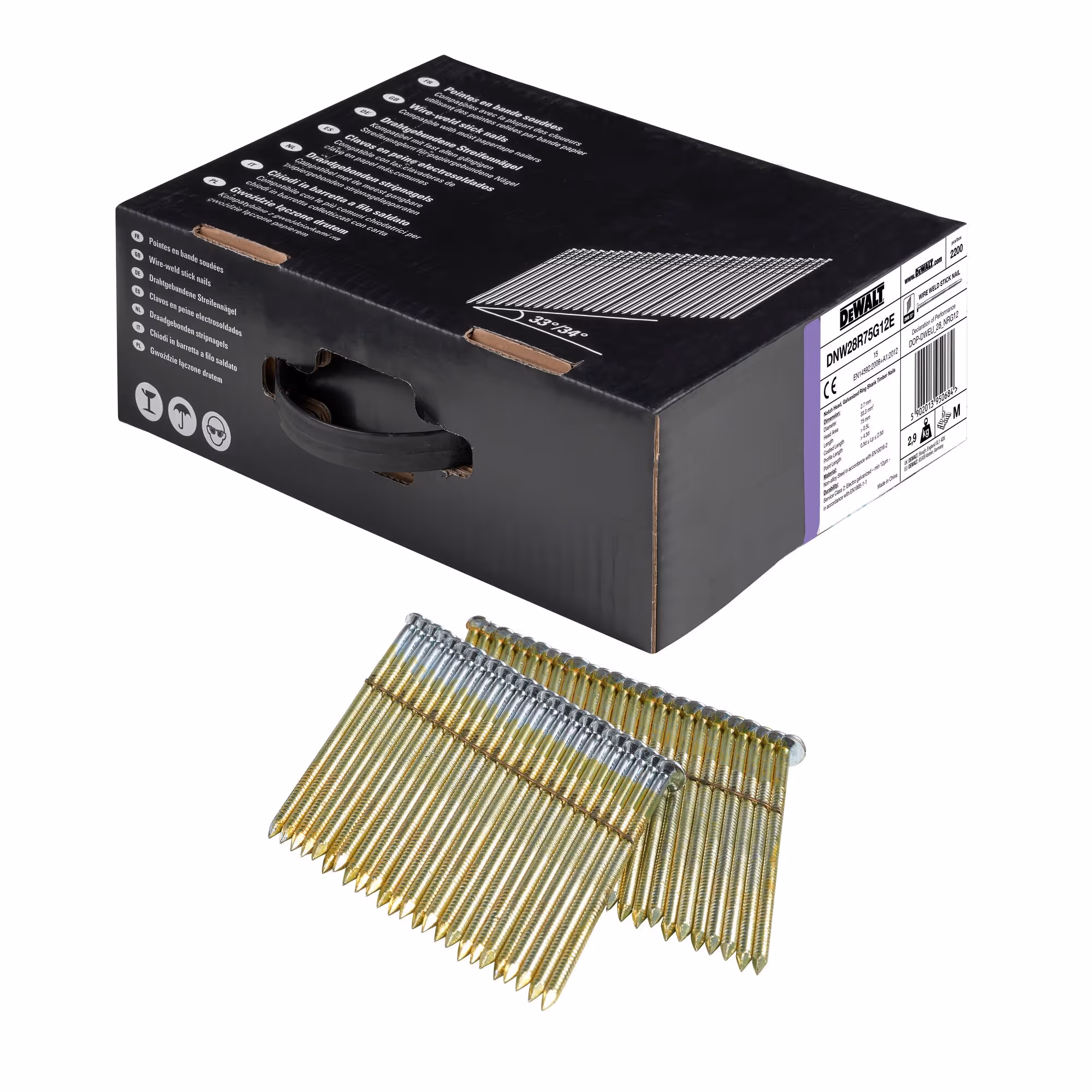 Pointes en bande métal 34° crantées électro-zinguées 2,8 x 75 mm