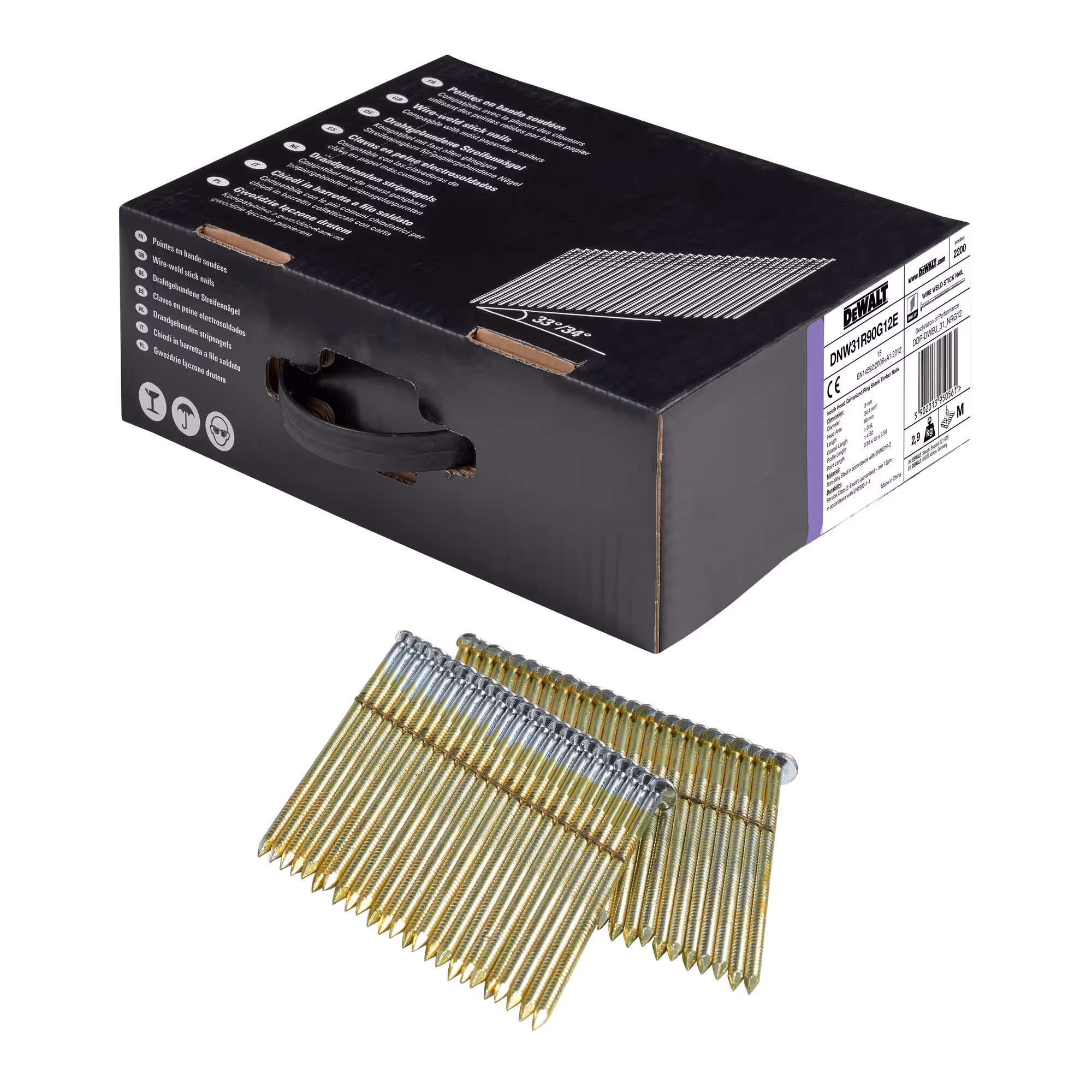 Pointes en bande métal 34° crantées électro-zinguées 3,1 x 90 mm
