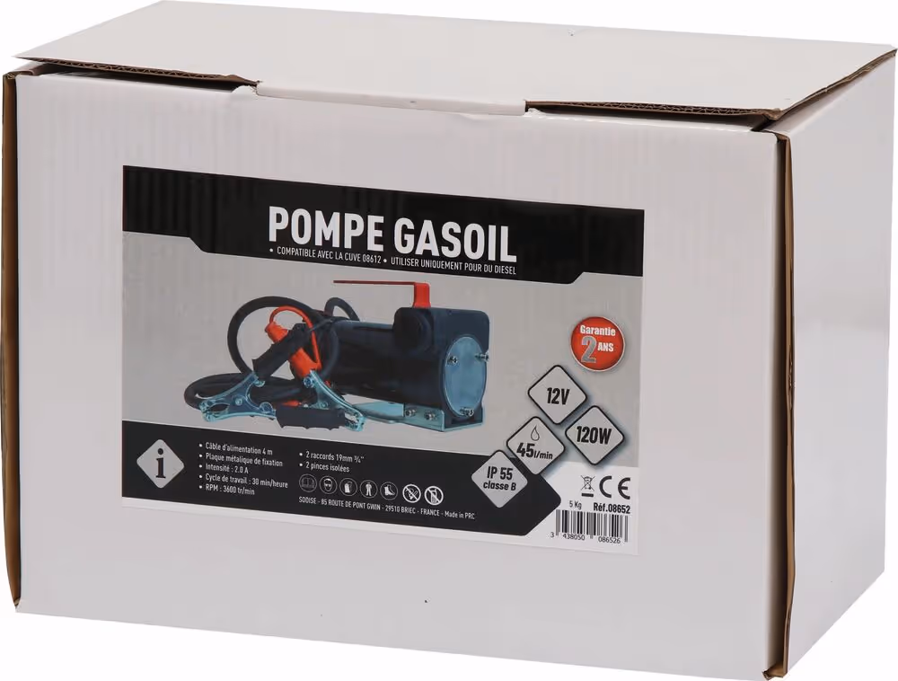 POMPE GASOIL 12V 40L/mn CABLE 4M