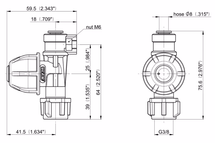 Porte buse fileté Arag pour tuyau Rilsan 8 mm 402625