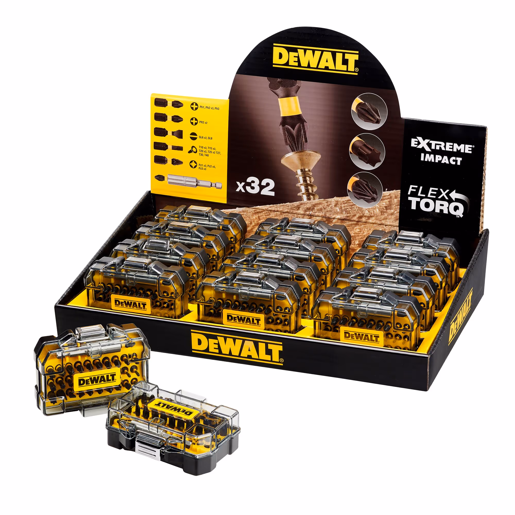 Présentoir de 12 coffrets de 32 pièces avec embouts de vissage impact-torsion 25 mm : PH1, PH2, PH3, PZ1, PZ2 x 3, PZ3, PL6, T20, T25, T30 + 1 porte-embouts magnétique