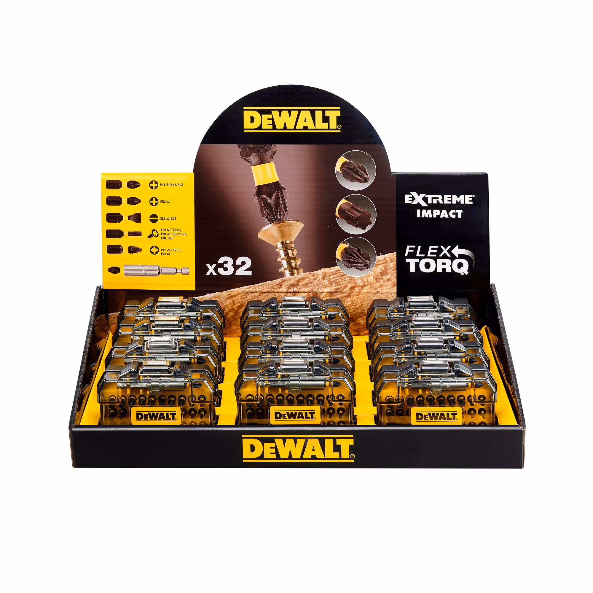 Présentoir de 12 coffrets de 32 pièces avec embouts de vissage impact-torsion 25 mm : PH1, PH2, PH3, PZ1, PZ2 x 3, PZ3, PL6, T20, T25, T30 + 1 porte-embouts magnétique