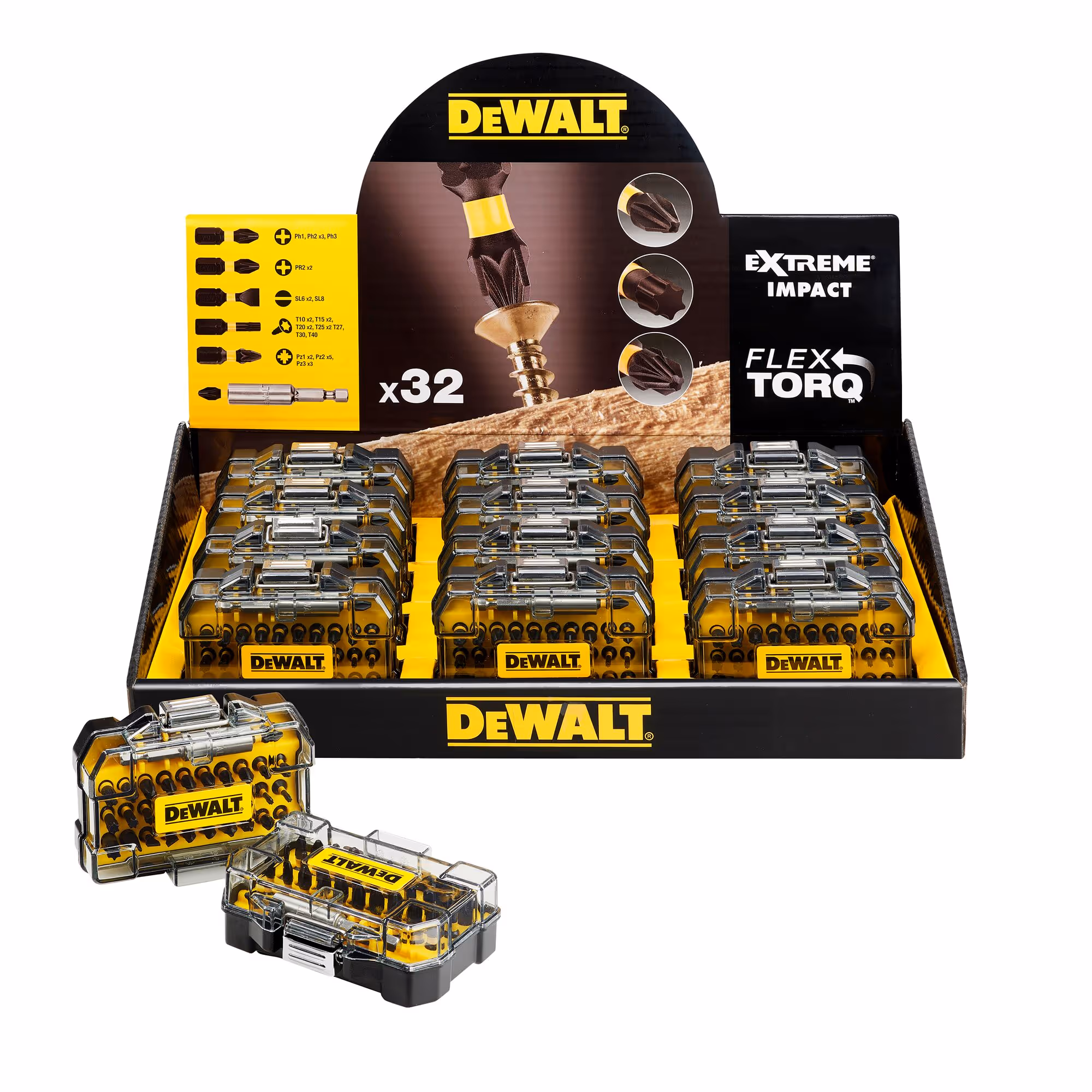 Présentoir de 12 coffrets de 32 pièces avec embouts de vissage impact-torsion 25 mm : PH1, PH2, PH3, PZ1, PZ2 x 3, PZ3, PL6, T20, T25, T30 + 1 porte-embouts magnétique