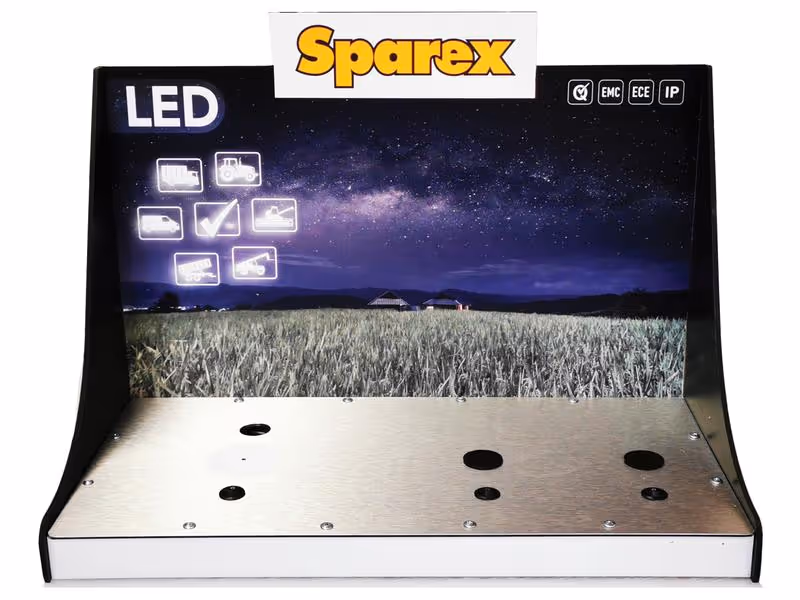 Présentoir pour phares à LED avec interrupteurs, transformateur 220/12V et base en aluminium.