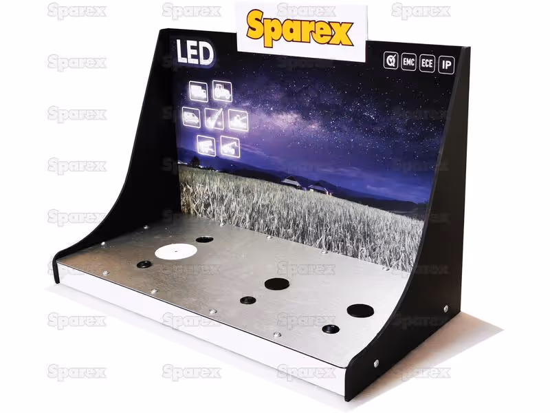 Présentoir pour phares à LED avec interrupteurs, transformateur 220/12V et base en aluminium.