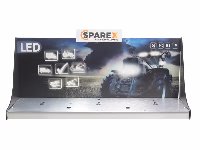 Présentoir pour phares à LED avec interrupteurs, transformateur 220/12V et base en aluminium.
