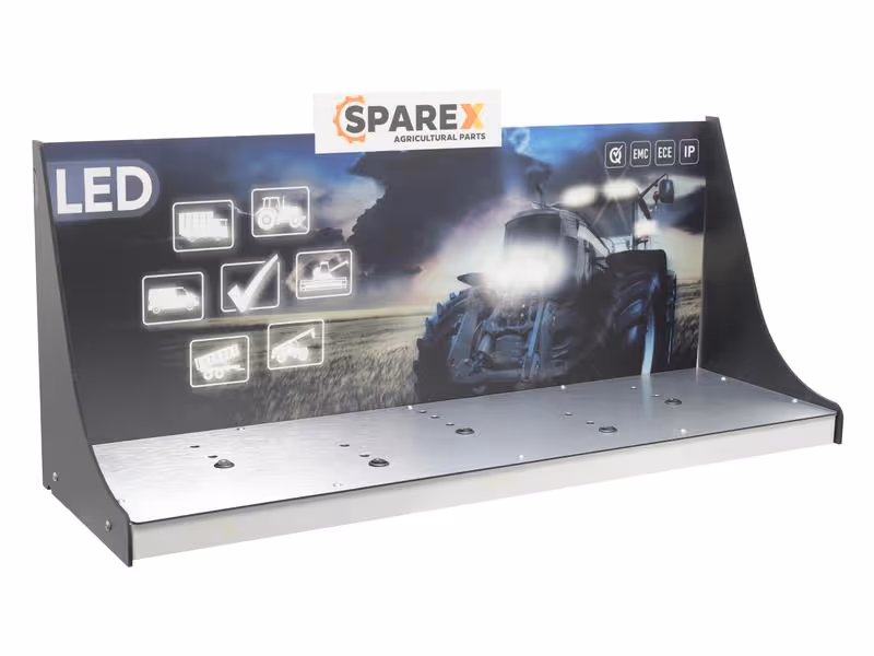 Présentoir pour phares à LED avec interrupteurs, transformateur 220/12V et base en aluminium.