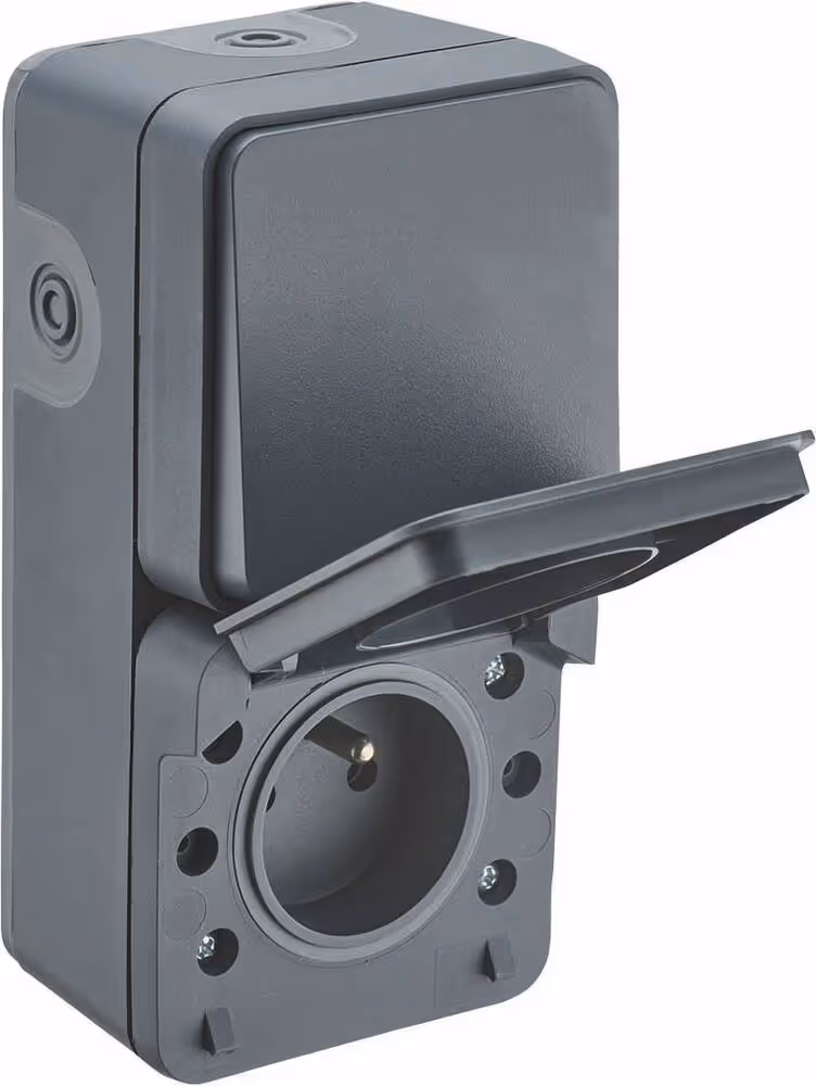 PRISE 2P+T ET VA ET VIENT EN SAILLIE ETANCHE 16A 250V IP55 VERTICALE ANTHRACITE