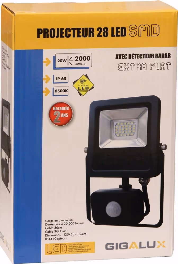 Projecteur led extra plat 20w 2000lm avec detecteur radar