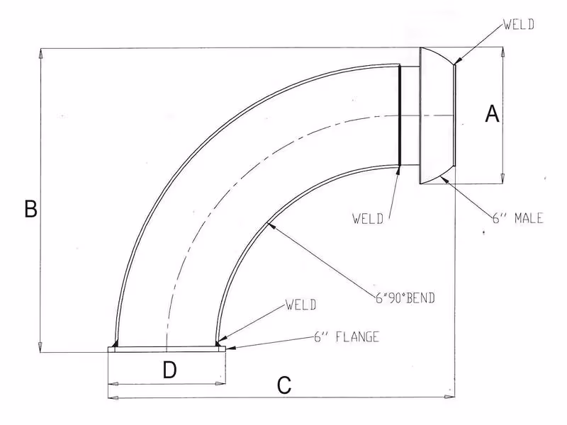 Raccord avec bride carrée, coudé 90° - Mâle 6'' (159mm) x (150mm) (Galvanisé)