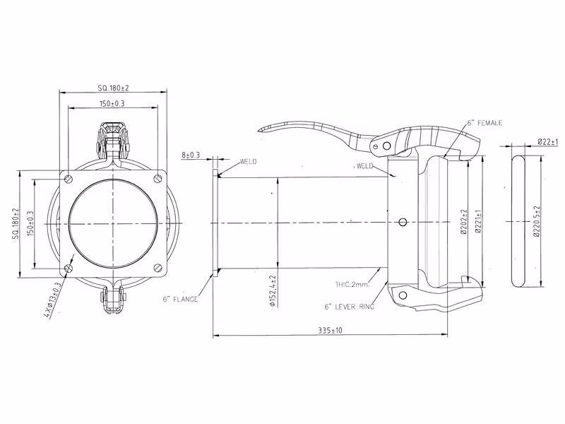 Raccord avec bride carrée - Long - Femelle 6'' (159mm) x 6'' (150mm) (Galvanisé)
