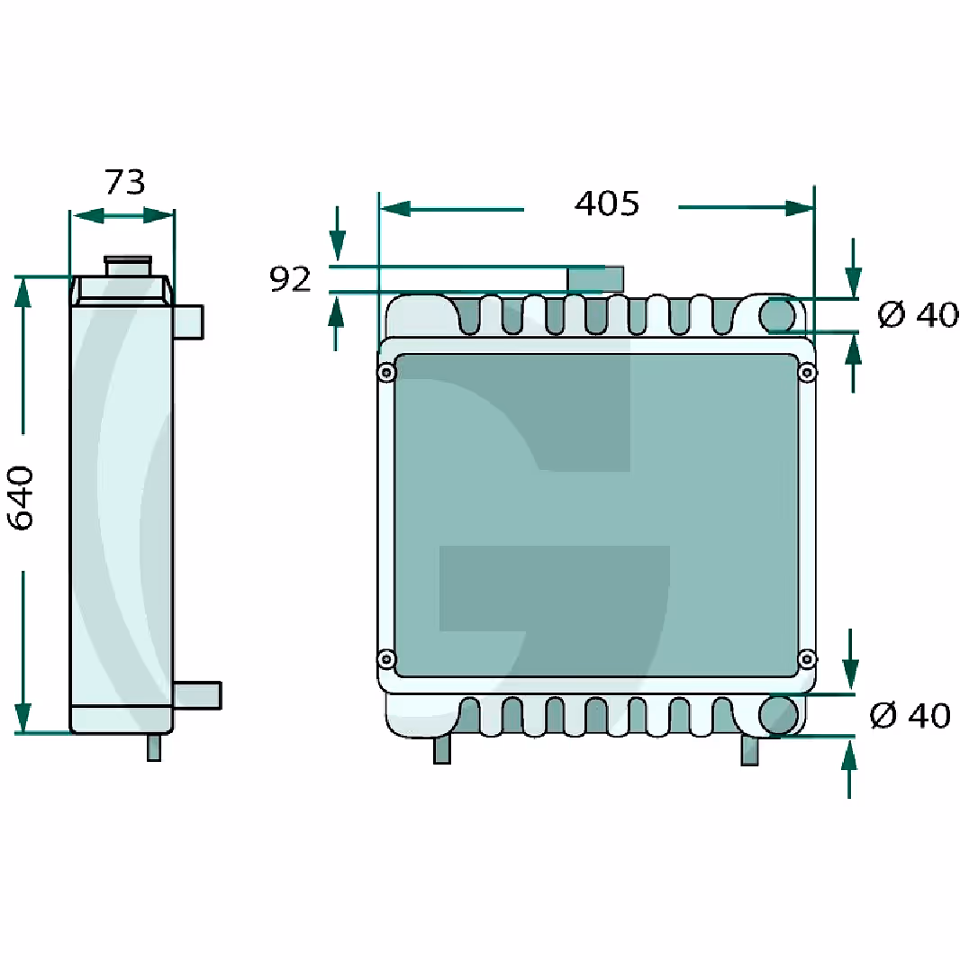 Radiateur A:665mm, B:408mm, C:70mm, D:41mm, E:41mm. Landini 885579M93 adaptable