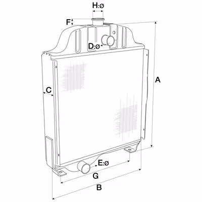 Radiateur A:756mm, B:560mm, C:120mm, D:38mm, E:45mm. Ford New Holland 81862952 adaptable