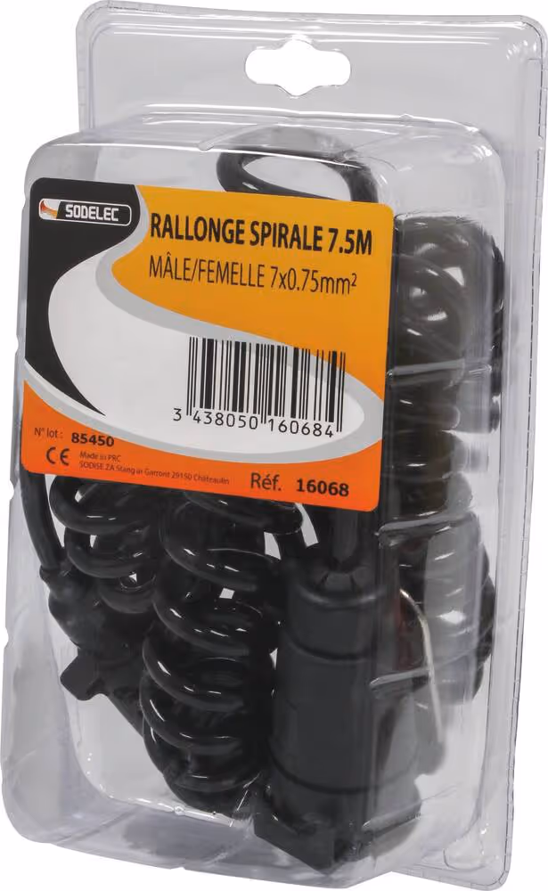 RALLONGE SPIRALE 7.5M MALE/FEMELLE 7x0.75mm2 /coque