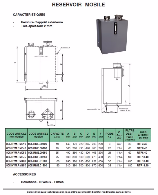 RESERVOIR MOBILE 150L EQUIPE (FILTRE,NIVEAU,BOUCHON) 