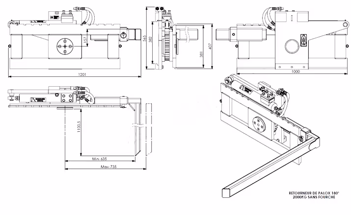 Retourneur de palox 2000 Kg sans fourche pour tablier lève palette ISO 2 