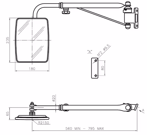 Rétroviseur complet 235x180 mm SMAT NORD gauche bras télescopique 560/785 mm Origine