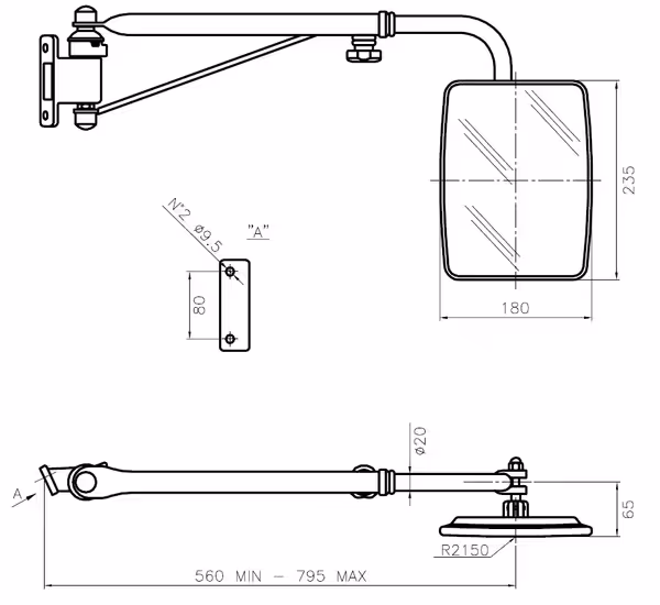 Rétroviseur complet 235x180 mm SMAT NORD Droit bras télescopique 560/785 mm Origine