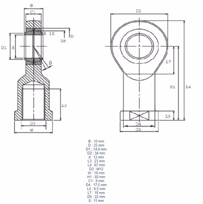 Rotule à visser femelle pour micro vérin Ø12 mm M12