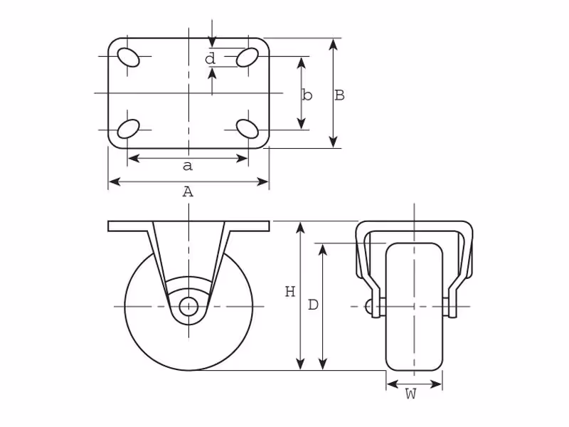 Roue castor Fixe caoutchoutée Capacité: 75kgs, Ø roue: 100mm
