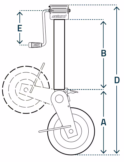 Roue jockey remorque agricole 1500 Kg avec manivelle latérale 990 mm