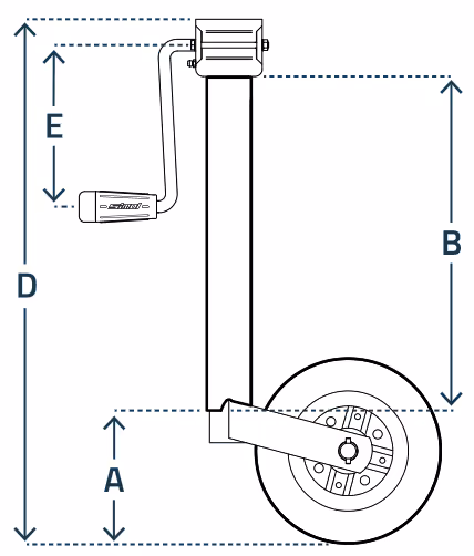 Roue jockey remorque bagagère 150 Kg 48 mm avec manivelle latérale