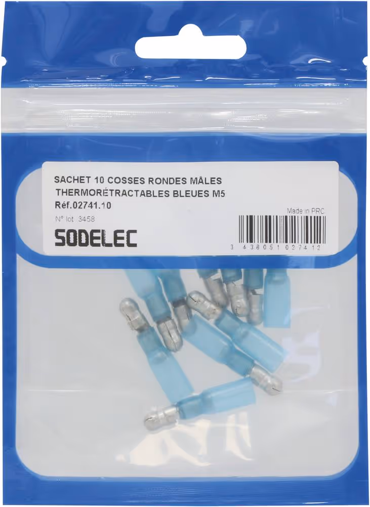 Sachet 10 cosses rondes males thermoretractables bleues m5