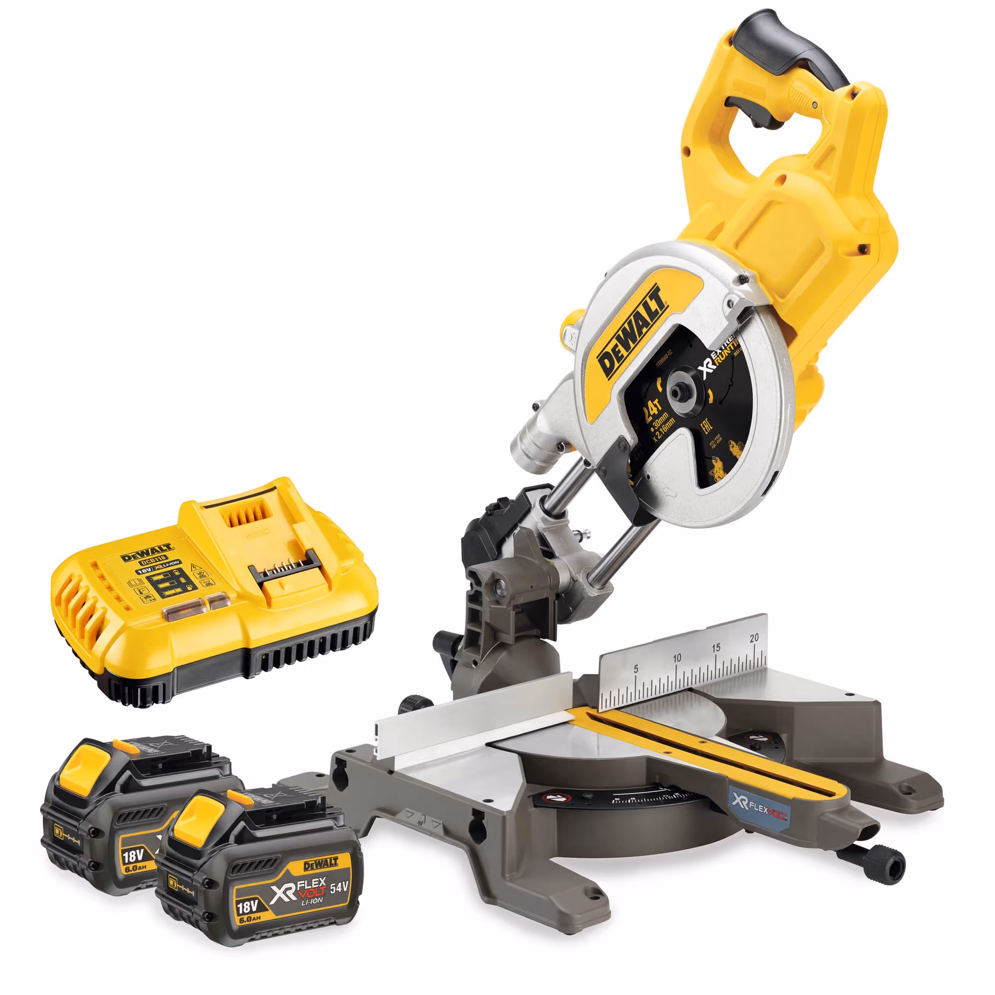 Scie à onglets radiale XR FLEXVOLT 54V 2Ah Li-Ion Brushless 216 mm avec batteries