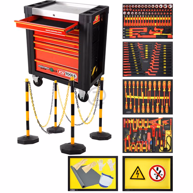 Servante d'atelier PERFORMANCEplus e10, noir/rouge, comprend 164 outils isolés + jeu de poteaux