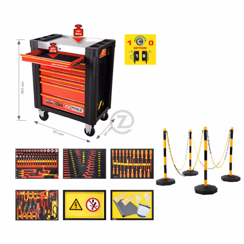 Servante d'atelier PERFORMANCEplus e10, noir/rouge, comprend 164 outils isolés + jeu de poteaux