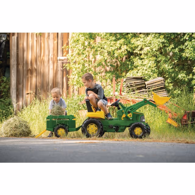 TRACTEUR A PEDALES JOHN DEERE AVEC CHARGEUR ET REMORQUE ROLLY TOYS