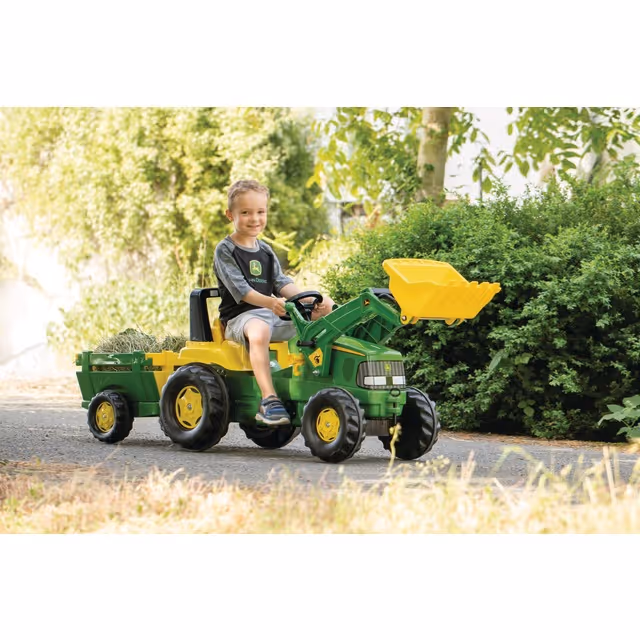 TRACTEUR A PEDALES JOHN DEERE AVEC CHARGEUR ET REMORQUE ROLLY TOYS