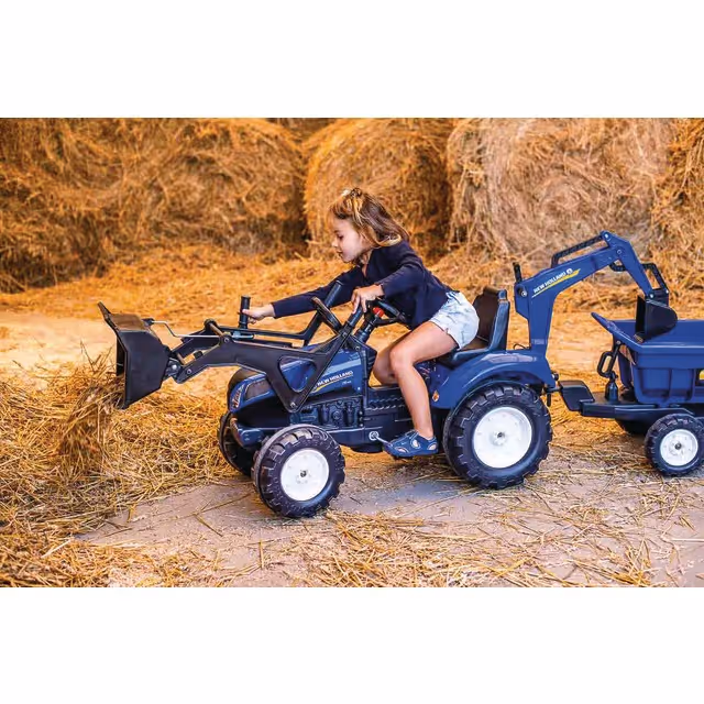 Tracteur a pedales new holland avec chargeur excavatrice et remorque basculante