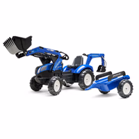 TRACTEUR A PEDALES NEW HOLLAND T8 AVEC CHARGEUR EXCAVATRICE ET REMORQUE FALK