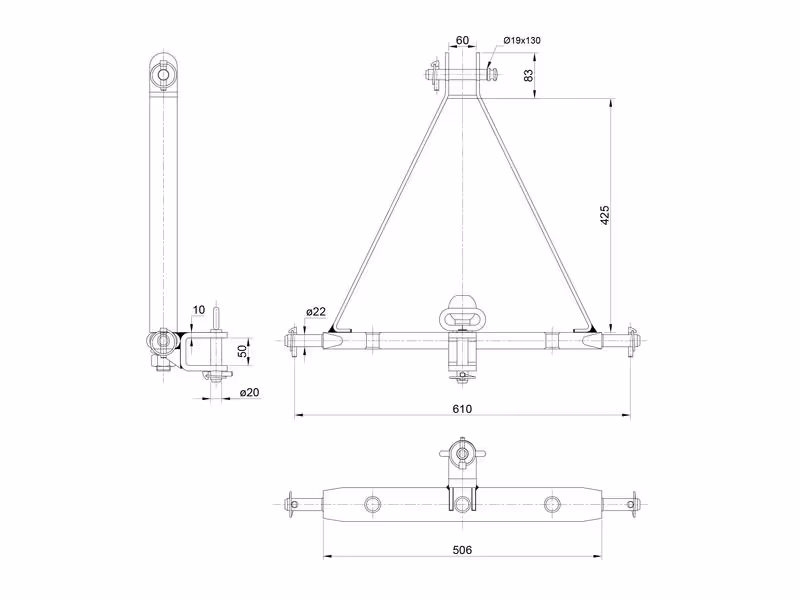Triangle d'attelage (Cat. 1 (Ø22mm)) Nbre. trous: 3, 610mm.