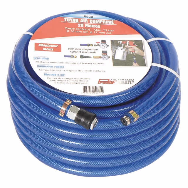 Tuyau air pvc renforce 10x17 mm avec raccords rapides lg 20 m