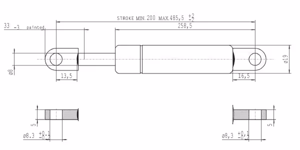 Vérin à gaz L485,5-800N
