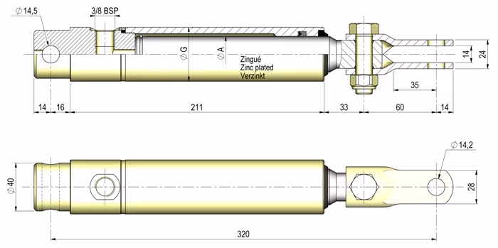 VÉRIN DE FREIN HYDRAULIQUE Ø35 SIMPLE EFFET  ADAPTABLE