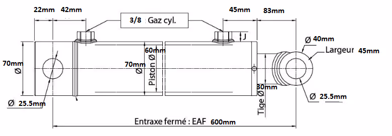 VERIN DOUBLE EFFET 30/60 Course 400 mm EAF 600 mm ADAPTABLE